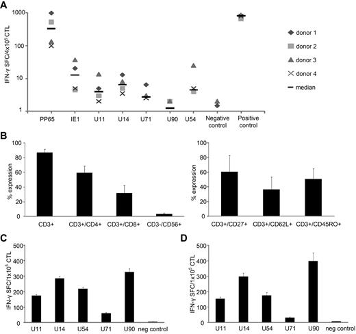 Figure 1. HHV6B antigen-specific T cells can be expanded from peripheral blood. (A) The frequency of antigen-specific T cells in peripheral blood was determined by IFN-γ ELISPOT assay after overnight stimulation of PBMCs with CMV (pp65 and IE1) and HHV6 (U11, U14, U54, U71, and U90) antigen-spanning pepmixes in 4 donors. Stimulation with Staphylococcus aureus was used as positive control, and unstimulated PBMCs served as a negative control. Results are expressed as SFCs/4 × 105 input cells (median SFCs). (B) PBMCs were stimulated with the HHV6 pepmixes in the presence of IL-4 + IL-7. On day 9 after stimulation, the phenotype (mean expression ± SD) was assessed (n = 14). (C) PBMCs from 14 donors were stimulated with HHV6 pepmixes in the presence of IL-4 + IL-7, and specificity on day 9 was measured by IFN-γ ELISPOT. Results are expressed as SFCs/1 × 105 input cells. (D) Specificity of CTLs generated from 6 CMV-seronegative donors. IFN-γ production was assessed on day 9 after stimulation, and results are expressed as SFCs/1 × 105 input cells. The negative control was IFN-γ release detected in response to stimulation with an irrelevant pepmix.