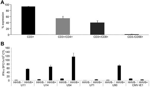 Figure 5. HHV6B-specific CTLs induced using wild-type virus-infected PBMCs. (A) The phenotype of CTL lines generated using HHV6B Z29-infected PBMCs as stimulators (mean expression ± SD; n = 6). (B) In the same lines, specificity was assessed by IFN-γ ELISPOT. Results of HHV6B Z29-stimulated CTLs (HHV6+) and MOCK-stimulated CTLs (HHV6−) are expressed as SFCs/1 × 105 input cells.