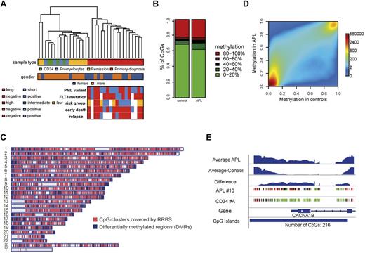 Figure 1. The methylome in APL. (A) Unsupervised hierarchical clustering based on raw DNA methylation levels. The color grid beneath visualizes the sample characteristics. The clustering is based on raw RRBS methylation values. (B) Distribution of methylation levels in APL and control samples. The stacked bar plots show the distribution of raw RRBS methylation levels of CpG sites covered in all samples for APL and control samples, respectively. The raw methylation levels (middle) are encoded by colors ranging from green (low methylation close to 0) to red (high methylation close to 1). Methylation levels were increased in APL samples (Kolmogorov-Smirnov test: P < .001). (C) Chromosomal distribution of covered CpG-clusters and DMRs. The plot shows the genome-wide distribution of CpG sites covered by RRBS together with DMRs detected between APL and controls. (D) Smoothed scatter plot of methylation values for APL versus healthy control samples. Colors represent the density of points ranging from red (high density) to blue (low density). Smoothed RRBS methylation levels were averaged for APL cells and controls. (E) Example of a differentially methylated region. The figure visualizes raw RRBS methylation levels for 2 exemplary samples (APL sample 10 and CD34 sample A) together with the estimated methylation levels for all APL and control samples at the CACNA1B promoter.