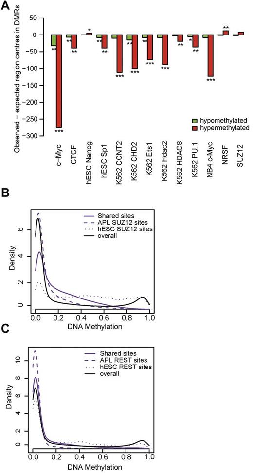 Figure 4. Transcription factor enrichment analysis and ChIP sequencing of SUZ12 and REST in patient blasts. (A) Presence of published transcription factor binding sites among DMRs. The bars visualize the differences of observed and expected region centers in hypomethylated DMRs (green bars) and in hypermethylated DMRs (red bars). Two-sided binomial test: significance levels of 1 × 10-10 (***), 1 × 10-2 (**), or 5 × 10-2, respectively. (B) Methylation in SUZ12-binding sites. The density distribution of methylation levels in an APL patient sample within SUZ12 ChiP-Seq–binding sites is depicted. Methylation levels within ChiP-Seq data from the same APL patient and published binding sites from hESCs were analyzed. Solid lines indicate binding sites common to both hESCs and APL (shared sites); dashed lines, binding sites found only in APL (APL SUZ12 sites); dotted lines, binding sites found only in hESCs (hESC SUZ12 sites); and black solid line, genome-wide background methylation. Kolmogorov-Smirnov test: methylation in hESC SUZ12 > methylation in shared SUZ12 sites, P < .001. Methylation in shared SUZ12 sites > methylation in APL SUZ12 sites, P < .001. (C) Methylation in REST-binding sites. The density distribution of methylation levels in an APL patient sample within REST-binding sites is depicted. ChiP-Seq data from the same APL patient and published binding sites from hESCs were analyzed. Solid lines indicate binding sites common to both hESCs and APL cells (shared sites); dashed lines, binding sites found only in APL cells (APL REST sites); dotted lines, binding sites found only in hESCs (hESC REST sites); and black solid line, genome-wide methylation as a reference. Kolmogorov-Smirnov test: methylation in hESC REST > methylation in shared REST sites, P < .001. Methylation in shared REST sites > methylation in APL REST sites, P < .001.