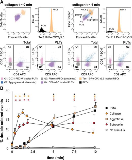 Figure 6. Mouse platelet aggregation test with whole blood. Platelets were labeled with CD9-APC or CD9-PE and mixed in 1:1 ratio before stimulation. Aggregation was measured by flow cytometry in time after stimulation with PMA, collagen, Aggretin A, and botrocetin. Average and standard error of the mean are depicted, n > 3. (A) An example of the gating strategy used after flow cytometry analysis. Ter119− cells were selected to calculate double-colored events by plotting them against PE/APC channels. The same dot plot is shown for total events. Note the increase in events in Q2 after stimulation with collagen. Q1-Q4 and RBC populations are plotted against the forward and side scatter and indicated by colored arrowheads. PLT, platelets; RBC, red blood cells. (B) Time course of double-colored events upon stimulation with PMA, collagen, Aggretin A, and botrocetin. Nonstimulated labeled platelets are shown as baseline for spontaneous aggregation. Colored asterisks at each data point indicate statistical significance with the unstimulated control (P < .05).