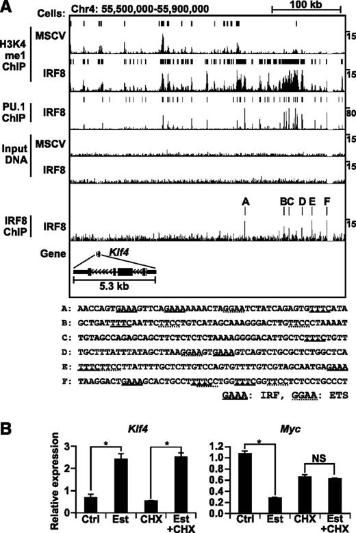 Figure 3. IRF8 and PU.1 binding and the H3K4me1 enhancer signature at the Klf4 gene locus. (A) UCSC genome browser image of tag density plots for IRF8, PU.1, and H3K4me1 ChIP-seq and input DNA at the Klf4 gene locus in empty MSCV-transduced Tot2 cells or IRF8-transduced Tot2 cells. H3K4me1 ChIP-seq peaks identified by SICER and PU.1 and IRF8 ChIP-seq peaks by HOMER are indicated as bars above the density plots. The genomic sequences of each IRF8 ChIP-seq peak are shown (peaks A-F; see also supplemental Figure 2). (B) Direct activation of the Klf4 gene by IRF8. IRF8-estrogen receptor (ER) –transduced Tot2 cells were treated with β-estradiol (Est) (1 µM) and cycloheximide (CHX) (1 µg/mL). CHX was added 10 minutes before the addition of Est. Transcript levels of Klf4 and Myc were quantified in biological triplicates by qRT-PCR. Data were normalized by Actb levels and shown as values relative to those in ER alone–transduced Tot2 cells treated under the same conditions (mean ± standard error). (*) P < .05 (Student t test). NS, not significant.