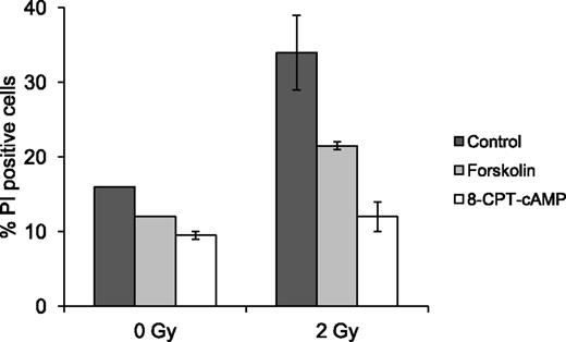 Figure 3. The effect of forskolin on BCP-ALL blasts is mediated through cAMP signaling. Freshly isolated BCP-ALL blasts from 2 patients (ALL5 and ALL9) were cultured in the presence or absence of 60 µM forskolin or 200 µM 8-CPT-cAMP for 45 min prior to treatment with IR as indicated. Cells were analyzed for cell death as in Figure 1A. The histogram shows mean values with error bars indicating the range of values.