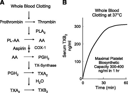 Figure 5. Principle and kinetics of the serum TXB2 ex vivo assay. (A) The chain of enzymatic reactions triggered by whole blood clotting in vitro at 37°C. Thrombin generated during blood clotting activates platelet phospholipases A2 (PLA2), which releases AA from membrane phospholipids. AA is the substrate of the sequential action of COX-1 and TX synthase, resulting in TXA2 generation. Because of chemical instability of its oxane ring, TXA2 is rapidly hydrolyzed to the chemically stable, biologically inactive hydration product, TXB2, which can be measured in serum with high sensitivity and specificity. (B) The kinetics of TXB2 production during whole blood clotting at 37°C and based on data from Patrono et al.61