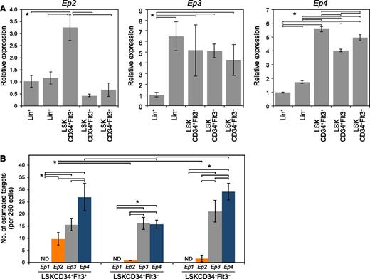 Figure 1. Expression of EP receptors in hematopoietic cells. (A) qPCR analysis of Ep2, Ep3, and Ep4 mRNA expression in Lin+, Lin–, LSKCD34+Flt3+, LSKCD34+Flt3–, and LSKCD34–Flt3– fractions. Data represent means ± SD (*P < .05, n = 4). Representative data from 4 independent experiments are shown. Ep1 expression was not detected in hematopoietic cells. (B) Copy number determination of Ep2, Ep3, and Ep4 in LSKCD34+Flt3+, LSKCD34+Flt3–, and LSKCD34–Flt3– cells (250 cells/sample). The numbers of estimated target genes were analyzed by Digital Array. More Ep4-positive signals were observed in LSKCD34+Flt3+ and LSKCD34–Flt3– cells than Ep2- and Ep3-positive signals. Data represent means ± SD (*P < .01, n = 3). Representative data from 2 independent experiments are shown. ND, not detected.