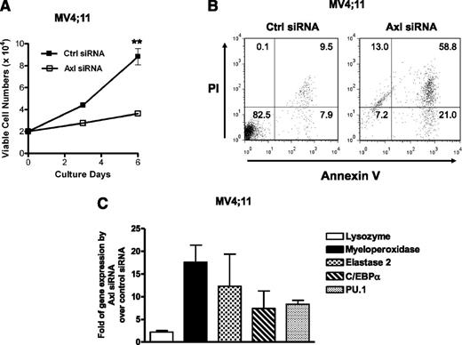 Figure 5. Knockdown of Axl gene expression by siRNA. (A) After transfecting Ctrl or Axl siRNA, cells from the MV4;11 human FLT3-ITD+ AML cell line were counted in trypan blue at the indicated times. This is the representative of 2 separate experiments and data are the mean ± SD (triplicate). **P < .01. (B) At 3 days after transfection with Ctrl or Axl siRNA, cells from the MV4;11 human FLT3-ITD+ AML cell line were stained with annexin V-FITC and PI for detection of apoptosis. Numbers indicate the percentage of each quadrant. This is the representative of 2 separate experiments. (C) Four days after transfection of Ctrl or Axl siRNA, cells from the MV4;11 human FLT3-ITD+ AML cell line were harvested and measurement of mRNA expression level of each gene was performed by quantitative real-time RT-PCR. The graph shows fold induction of gene expression by Axl siRNA over Ctrl siRNA with mean ± SEM (n = 3).