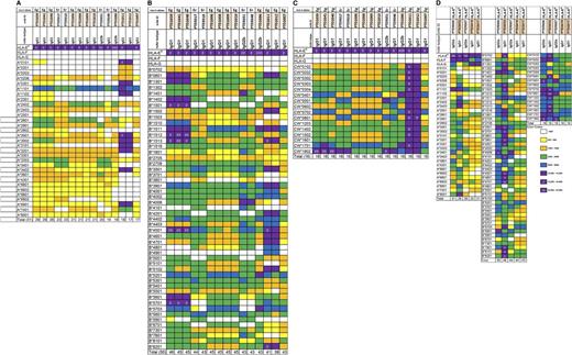 Figure 7. Anti–HLA-E mAbs to the recombinant polypeptides of major HLA-E alleles (HLA-ER and HLA-EG). Anti–HLA-E mAbs did not react to HLA-F or HLA-G but did react to HLA class-Ia alleles anti–HLA-E mAbs. HLA-A* allelic reactivity of the anti–HLA-E mAbs (A); HLA-B* allelic reactivity of the anti–HLA-E mAbs (B); HLA-Cw* allelic reactivity of the anti–HLA-E mAbs (C). Anti–HLA-E mAbs reacting to HLA-F and HLA-G and also to all of the HLA class-Ia alleles (HLA-A, HLA-B, and HLA-Cw), mimicking the HLA-Ia and HLA-Ib reactivity of IVIg (D). These anti–HLA-E mAbs (D) are considered to be IVIg-mimetics because of the parallel HLA reactivity.