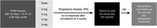 Figure 1. The design of the phase 1 dose-escalation study in patients with RRMM. dex, dexamethasone; POM, pomalidomide; QD, one a day; wk, week.