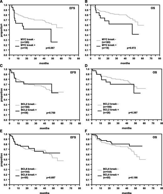 Figure 1. EFS and OS in R-CHOP-treated DLBCL patients. Patients’ tumors were hybridized for breaks in MYC (A, B), BCL2 (C, D), and BCL6 (E, F). The numbers of patients showing breakage within these genes and P values are indicated.