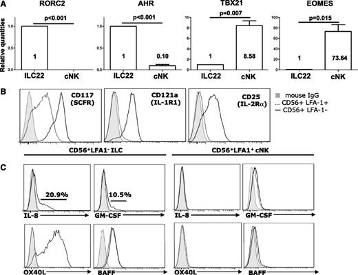 Figure 2. Transcription factors, cytokine receptors, and other molecules expressed in human IL-22–producing ILCs. (A) Expression of RORC2, AHR, TBX21, and Eomes was measured by real-time qPCR from HSC-derived cNK cells (CD56+CD94+CD7+/−CD117lowLFA-1+) and ILC22 cells (CD56+CD94−CD7−CD117highLFA-1+) after sorting. In ILC22 cells AHR and RORγt are highly expressed but are lower-expressed or absent in cNK cells. T-bet and Eomes expression is higher in CD56+LFA-1+ cNK cells. Transcripts in cNK cells were used as reference samples for relative quantification in ILC22 (ΔΔCT method, n = 3). (B) HSC-derived CD56+LFA-1− ILC22 but not cNK cells show expression of IL-1R1 and CD25 and CD117. (C) In addition to IL-22, CD56+LFA-1− ILC22 cells (left) express IL-8, GM-CSF (intracellular), and OX40 ligand (surface) when stimulated with IL-1β+23 (10 ng/ml each for 6 hours). Intracellular BAFF expression is detected in CD56+LFA-1− ILC22 cells without cytokine stimulation. All of the above were not detected on cNK cells (right). Gray-filled histograms are mouse immunoglobulin G, dotted lines are unstimulated, and solid lines are stimulated. Results are representative of 10 donors. IgG, immunoglobulin G.