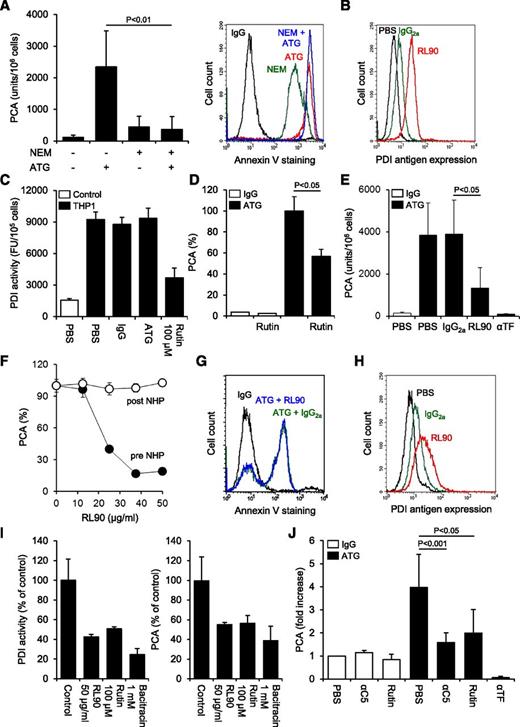 Figure 5. Role of PDI in cellular TF activation by ATG. (A) Effect of thiol blockade by N-ethylmaleimide (NEM) on ATG-mediated (left) TF activation and (right) PS exposure. Summary statistics (mean ± SD, n = 8) and representative histograms are shown. (B) Indirect flow cytometric analysis of PDI antigen expression on THP1 cells using the monoclonal antibody RL90. A representative experiment is shown. (C) THP1 cells were treated with PBS, IgG, or ATG (100 µg/mL) or rutin (100 µM) before cell-associated insulin reductase activity was measured. Results are presented as fluorescence units (FUs) per 105 cells. A representative experiment is shown. (D) IgG- or ATG-loaded THP1 cells were incubated with 100 µM rutin or vehicle for 10 minutes at RT, mixed with NHP, and analyzed for PCA as described above. Results are presented as percent of maximum PCA (mean ± SD, n = 3). (E) ATG-loaded THP1 cells received either PBS or 50 µg/mL control IgG2a, RL90, or inhibitory anti-TF for 15 minutes at RT before being exposed to NHP and analyzed for PCA (mean ± SD, n = 9). (F) ATG-loaded THP1 cells received RL90 either before (●) or 5 minutes after mixing with NHP (○). The PDI antibody was allowed to incubate for 15 minutes. Results are presented as percent of maximum PCA. A representative experiment is shown. (G) Flow cytometric analysis of annexin V-FITC binding to ATG-loaded and NHP-exposed THP1 cells preincubated with IgG2a or RL90. A representative experiment is shown. (H) Flow cytometric analysis of PDI antigen expression on HL60 cells using the monoclonal antibody RL90. (I) (Left) Effect of RL90 and PDI inhibitors on insulin reductase activity on HL60 cells. Results are presented as percent PDI activity of untreated cells (mean ± SD, n = 2-5). (Right) Effect of RL90 and PDI inhibitors on ATG-mediated TF activation on HL60 cells. Results are presented as percent PCA of ATG-loaded cells exposed to NHP (mean ± SD, n = 2-5). (J) Following loading of isolated monocytes with rabbit IgG or ATG (100 µg/mL), cell-associated PCA was measured in the presence of PBS, 50 µg/mL eculizumab (αC5), 100 µM rutin, or 20 µg/mL inhibitory anti-TF. Results are presented as fold increase over IgG-treated monocytes in the presence of PBS (mean ± SD, n = 5-11).
