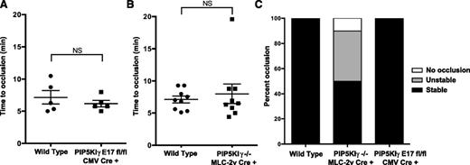 Figure 6. Mice lacking PIP5KIγ form unstable thrombi in vivo. Ferric chloride was applied to an exposed carotid artery of anesthetized mice, and the formation of thrombi was monitored using a Doppler flowmeter. Mice lacking (A) p90 PIP5KIγ or (B) both PIP5KIγ isoforms form thrombi as rapidly as control mice. (C) However, mice lacking both p87 and p90 PIP5KIγ form thrombi that are frequently unstable.