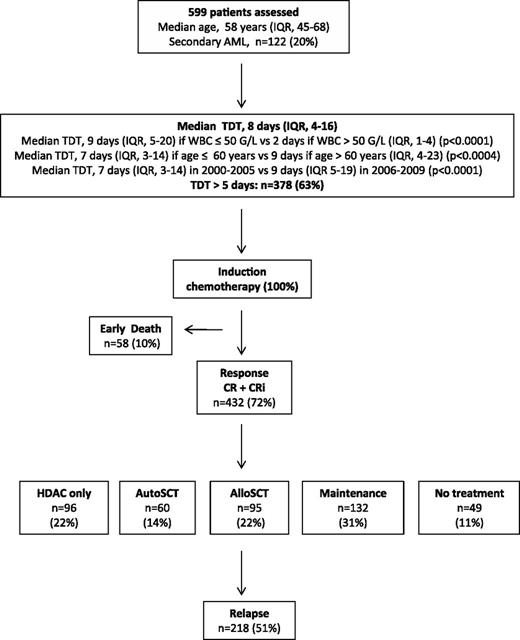 Figure 1. Study profile. Between 2000 and 2009, 599 patients with nonpromyelocytic AML were treated with intensive chemotherapy within a TDT inferior to 90 days. Modalities of consolidation treatment and response are detailed. AlloSCT, allogeneic stem cell transplantation; AutoSCT, autologous stem cell transplantation; HDAC, high-dose cytarabine.