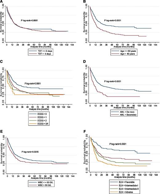 Figure 3. Kaplan-Meier estimates of overall survival. Overall survival according to (A) time from diagnosis to treatment (with a cutoff of 5 days), (B) age, (C) ECOG performance status, (D) AML status (secondary vs de novo), (E) white blood cell count, and (F) ELN classification.