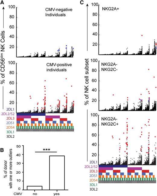 Figure 2. Dissecting the origin of the expanded KIR subsets. (A) Stratification of the cohort into CMV-seronegative (top, n = 48) and CMV-seropositive (bottom, n = 151) individuals. Red dots represent subsets with high relative frequencies (statistical outliers as defined in Figure 1B). (B) Shown are the frequencies of donors with 1 or more outliers according to CMV serostatus. (C) Representation of statistical outliers in CMV-seropositive (red dots) and CMV-seronegative (blue dots) donors originating from NKG2A+, NKG2C-NKG2A-, and NKG2C+ CD56dim NK cell subsets.