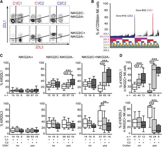 Figure 3. CMV induces expansion of NK cells expressing a clonal pattern of self-specific KIRs. (A) Representative plot of KIR2DL1 and KIR2DL3 expression in NKG2C-NKG2A- (top) and NKG2C+ (bottom) CD56dim NK cell subsets. Three CMV-seropositive donors with different HLA genotypes are depicted. The color-coding pairs KIRs with their cognate HLA ligands. (B) Shown are 2 extreme examples of KIR repertoires in CMV-seropositive donors (C2/C2 blue and C1/C1 red) overlaid on the 48 KIR repertoires from CMV-seronegative individuals (n = 48). (C) The aggregated effect of the HLA-C genotype on KIR expression in all donors was examined by plotting frequencies of KIR2DL1 and KIR2DL3 in NKG2A+ (left), NKG2C-NKG2A- (middle), and NKG2C+ (right) NK cell subsets, respectively. Donors were stratified based on CMV serology and HLA background. (D) The effect of HLA-C genotype on self-specific KIR expression in CMV-seropositive individuals with and without evidence of NK cell expansion.