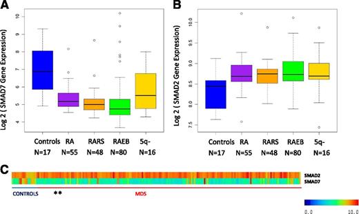 Figure 1. SMAD7 expression is significantly decreased in MDS CD34+ cells. (A) SMAD7 expression in 183 samples of MDS CD34+ cells and 17 healthy controls reveals reduction in all subsets of MDS. (false discovery rate < 0.1, Benjamin Hochberg correction multiple testing). (B) SMAD2, the effector SMAD protein for TGF-β signaling, was found to be increased in the same samples. (C) Heatmaps showing expression values for both genes. (The 5q- patients were a subset of the RA patient cohort.)