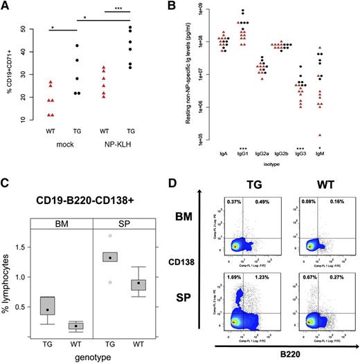 Figure 5. TD antigen-driven GC response in KSHV latency locus transgenic mice. KSHV latency locus transgenic mice and littermate controls were immunized with NP-KLH or PBS (n = 6). After 10 d, splenocytes were subject to fluorescence-activated cell sorter (FACS) analysis. Blood was collected on d 0, 5, 10, and 14. (A) Activated GC (CD19+CD71+PNAhi) are plotted. (B) Levels of resting non-NP–specific Igs of 9 wild-type (WT; red triangle) and 6 transgenic mice (black circle) were plotted on the first or second column, respectively. * and *** represent significant difference with P < .05 and P < .005 by Student t test, respectively. (C) The frequency of plasma cells was analyzed by FACS. Cells from spleens (SP; n = 5) or BM (n = 6) in WT or latency transgenic mice (TG) were subject to FACS. CD19- cells were further gated with B220 and CD138. Percentages of CD19-B220-CD138+ cells among CD19- lymphocytes are plotted. (D) Representative flow cytometry profiles of plasmablasts (CD19-B220+CD138+) and plasma cells (CD19-B220-CD138+) from FACS analysis in (C) were shown.