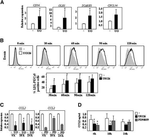 Figure 4. Effect of U0126 on the expression of CCL2 and genes involved in LDL binding in immature MDDCs. (A) Relative expression of the indicated genes in immature DCs treated with DMSO (-) or U0126 (UO) for 24 hours. Results are expressed as relative expression, which indicates the expression of each gene relative to its expression in DMSO-treated MDDCs (*P < .05). Shown are the means and SDs of three independent experiments. (B) LDL binding to immature DCs exposed to either DMSO or U0126 for 24 hours and exposed to LDL for the indicated periods of time, as determined by flow cytometry. The lower panel illustrates the percentage of LDL-positive cells in each sample (*P < .05). The means and SDs of five independent experiments are presented. (C) Relative expression of the CCL2 gene in immature DCs treated with DMSO (-), U0126 (UO), or PD98059 (PD) after the indicated time of treatment. The means and SDs of three independent experiments for UO and two experiments for PD-treated MDDCs are presented. Results are expressed as relative expression, which indicates CCL2 expression in each sample relative to its expression in DMSO-treated MDDCs (*P < .05). (D) Expression of CCL2 (MCP1) in immature DCs treated with either DMSO (-), U0126 (UO), or PD98059 (PD) after the indicated time of treatment, as determined by enzyme-linked immunosorbent assay. Shown are the means and SDs of four independent experiments (*P < .05).