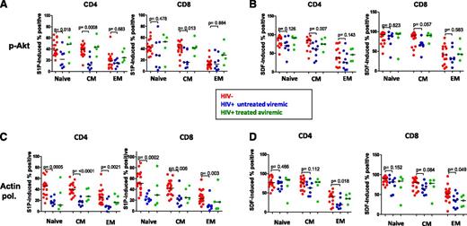 Figure 2. Blunted responses to S1P in the HIV-1+ lymph node. S1P responses were assessed in cell suspensions prepared from lymph nodes of HIV-1+ patients and uninfected controls. (A) S1P-induced Akt phosphorylation. (B) SDF-induced Akt phosphorylation. (C) S1P-induced actin polymerization. (D) SDF-induced actin polymerization. Actin pol., actin polymerization; CM, central memory; EM effector memory,