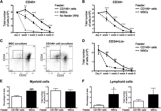 Figure 4. CD146+ perivascular cells promote ex vivo maintenance of undifferentiated HSPCs. (A) In the absence of cytokines and stromal cell feeder layer (No feeder), CD45+ hematopoietic cells cultured in RN-treated wells rapidly died within the first 2 weeks of culture. At any time of culture, the total number of CD45+ cells recovered from CD146+ cell cocultures was significantly higher when compared with MSC cocultures (n = at least 5 independent experiments for each time point, each experiment was performed in triplicate; **P < .01, ***P < .001). (B) A similar pattern was observed for the total number of CD34+ cells (n = at least 5 independent experiments for each time point, each experiment was performed in triplicate; ***P < .001). (C) Representative FACS analysis after 2 weeks of coculture of CB CD34+ cells with MSCs or CD146+ cell cocultures. After gating on CD45+CD10−CD19− cells, CD34+33− cells were defined as CD34+Lin− cells (black box). (D) The absolute number of CD34+Lin− cells was significantly higher in CD146+ cell cocultures, compared with MSC cocultures, at any time of culture (n=at least 5 independent experiments for each time point, each experiment was performed in triplicate; **P < .01, ***P < .001). (E-F) Coculture of CB CD34+ cells with MSCs led to a significantly higher frequency of CD14+ myeloid cells after 2 weeks (E) (40.24% ± 2.723% vs 26.67% ± 2.075%. n = 10 independent experiments, each experiment was performed in triplicate; ***P < .0001) and a higher frequency of CD10+/CD19+ lymphoid progenitors or mature cells after 4 weeks of coculture (F) (5.155% ± 1.918% vs 0.9541% ± 0.2564%, n = 8 independent experiments, each experiment was performed in triplicate; *P < .05). No difference in the absolute numbers of myeloid and lymphoid cells was observed between CD146+ cell and MSC cocultures. All data are presented as mean ± SEM.