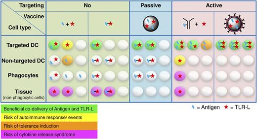 Figure 2. Stochastic visualization of antigen and TLR-L uptake for different vaccine-targeting approaches. The distribution of antigen and TLR-L is based on (A) their physical linkage, (B) their targeting moiety, and (C) their exposure to cells in the various tissues. Depending on the route of vaccine administration, nonphagocytic tissue cells expressing TLRs may become activated.