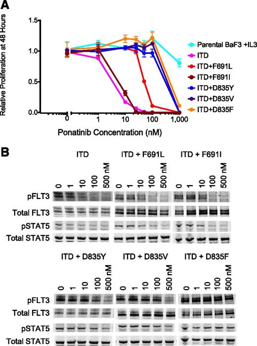 Figure 1. Activity of ponatinib against AC220 resistance–conferring FLT3-ITD KD mutations. (A) Relative proliferation of Ba/F3 populations stably expressing FLT3-ITD mutant isoforms after 48 hours in various concentrations of ponatinib (error bars represent SD of triplicates from the same experiment). (B) Western blot analysis using anti–phospho-FLT3, anti–phospho-STAT5, anti-FLT3, and anti-STAT5 antibody performed on lysates from IL-3–independent Ba/F3 populations expressing the FLT3-ITD mutant isoforms indicated. Cells were exposed to ponatinib at the indicated concentrations for 90 minutes.