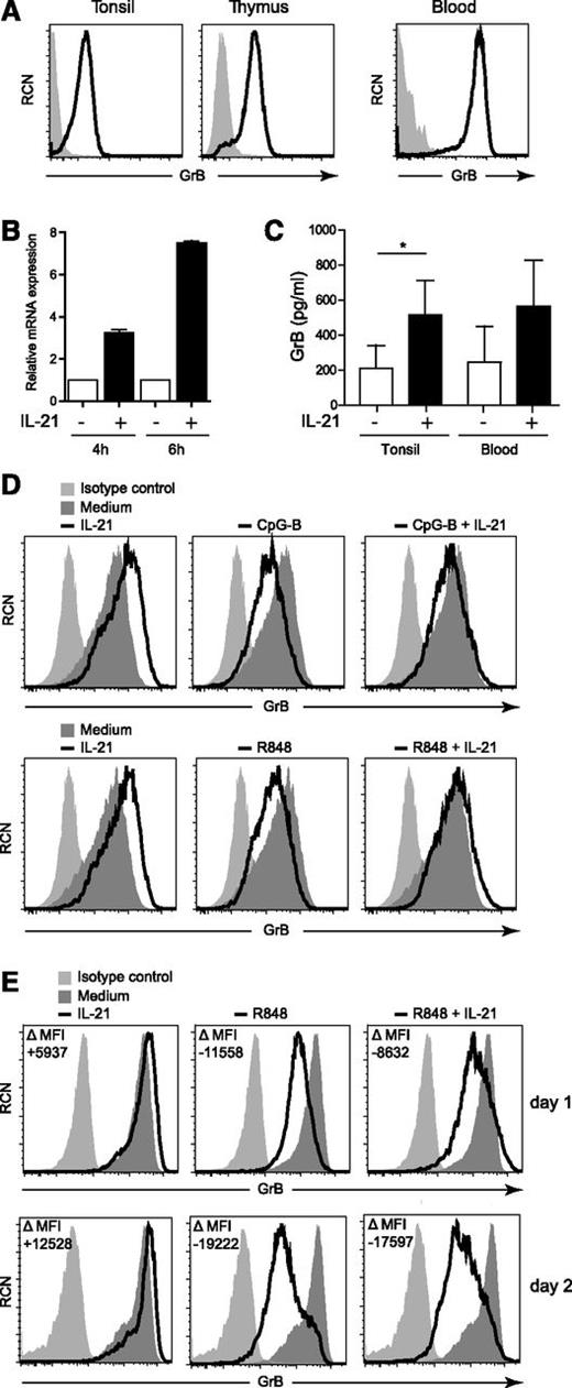 Figure 4. GrB is endogenously expressed in pDCs and is strongly induced upon IL-21 stimulation. (A) Human pDCs purified from sources as indicated were stained for intracellular GrB expression (black lines) and analyzed by flow cytometry using a GrB-PE–conjugated (thymus and tonsil) or a GrB-APC–conjugated (peripheral blood) antibody. Gray-filled histograms represent appropriate isotype control stainings. (B) GrB RNA levels were measured by qPCR in pDCs after incubation in the presence (black bars) or absence (white bars) of IL-21 for 4 hours and 6 hours as indicated. Expressions of the housekeeping genes (β-actin, GAPDH, and HPRT) were used to control for the amount of RNA used. Values were normalized to cells incubated without IL-21, which was set to 1. (C) Freshly isolated pDCs from tonsil (n = 5) and blood (n = 2) were cultured overnight in the presence or absence of IL-21 in serum-free medium. Culture supernatants were analyzed for the presence of GrB by ELISA. Shown are the mean GrB levels of the pDC donors tested +/− standard deviation. *P < .05. (D,E) Freshly isolated pDCs from 2 tonsil donors (D, upper and lower panels) and from blood (E) were cultured for 1 day (D) or for 2 days (E) in medium (dark gray–shaded histograms) or stimulated (black lines) with either IL-21 alone or with CpG-B (10 μg/mL) or R848 (10 μg/mL) in the presence or absence of IL-21 as indicated. Intracellular GrB expression was analyzed by flow cytometry. Isotype control stainings are shown as light gray–filled histograms. The numbers in E indicate the differences in mean fluorescence intensity (ΔMFI), which were calculated by subtracting the MFI of medium-cultured pDCs from the MFI of stimulated (IL-21, R848, or both) pDCs.