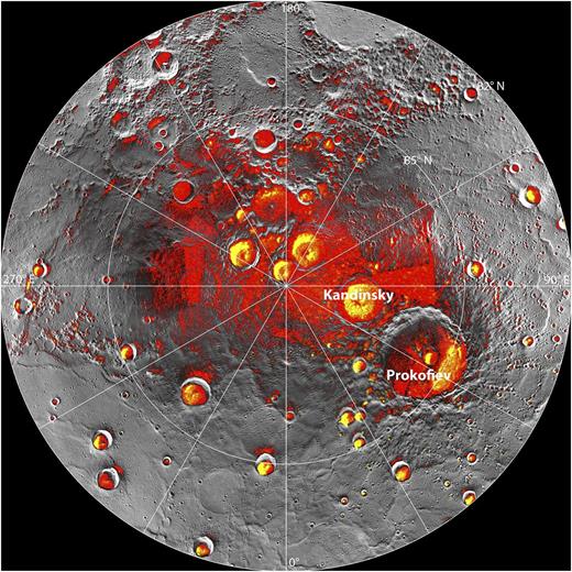This image from NASA shows an overlay of Mercury’s new topographic map with the areas of Mercury’s pole that are in constant shadow (red) and those previously suggested to contain water-based ice from Earth-based reflected radio imaging from the Arecibo telescope (yellow). Together with other data from the MESSENGER spacecraft, these data support the view that Mercury harbors a significant amount of ice. Image credit: NASA/Johns Hopkins University Applied Physics Laboratory/Carnegie Institution of Washington/National Astronomy and Ionosphere Center, Arecibo Observatory.