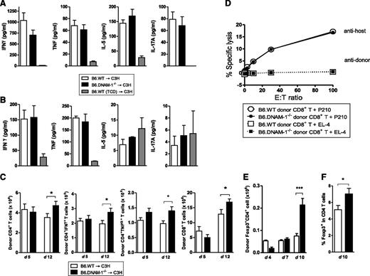 Figure 3. The absence of DNAM-1 on donor cells promotes Treg expansion. 5 × 106 BM and 0.5 × 106 CD3+ T cells from B6.WT or B6.DNAM-1−/− donor mice were transplanted into lethally irradiated C3H recipients. TCD bone marrow from B6.WT donors was transplanted into irradiated C3H recipients as non-GVHD controls. (A) Serum cytokines at day 5 (n = 14 to 17 per T-cell–replete group and n = 6 in TCD control). (B) Serum cytokines at day 12 (n = 4 to 5 per T-cell–replete group and n = 3 in TCD control). (C) Total, IFN-γ+, and TNF+ donor CD4+ T-cell numbers (H-2Db+CD3+CD4+) and the total donor CD8+ T cell numbers (H-2Db+CD3+CD8+) at day 5 and 12 (n = 10 per group, combined from 2 replicate experiments). (D) 51Cr release assay with allogeneic (P210) and syngeneic (EL4) tumor targets at day 12. Representative data of mean with standard error of the mean (SEM) from triplicate wells are shown from 2 replicate experiments. (E) Donor FoxP3+ CD4+ T-cell numbers (Foxp3+H-2Db+CD3+CD4+) at days 4, 7, and 10 after BMT (n = 3 per group at days 4 and 7; n = 9 to 10, combined from 2 replicate experiments at day 10). (F) The FoxP3+ cell percentage within donor CD4+ T cells (H-2Db+CD3+CD4+) at day 10 after BMT (n = 13 to 14, combined from 3 replicate experiments at day 10). ***P = .0007; *P < .05 ; B6.DNAM-1−/− vs B6.WT.