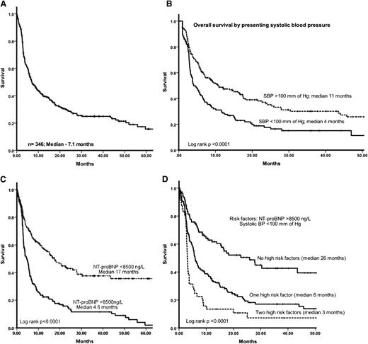 Figure 1. (A) OS of the whole cohort. The median follow-up of the whole cohort was 6.5 months and of live patients was 21 months. (B) OS stratified by presenting SBP (mm Hg) (ie, significantly poorer OS for patients with SBP <100 mm Hg at presentation). (C) OS stratified by presenting NT-proBNP (ie, significantly poorer OS for patients with presenting NT-proBNP >8500 ng/L). (D) OS stratified by high risk factors (presenting NT-proBNP >8500 ng/L and low SBP <100 mm Hg): presence of none, 1, or 2 high risk factors identified 3 groups with median OS of 26 months vs 6 months vs 3 months, respectively (P < .0001).