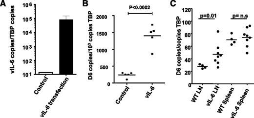 Figure 6. KSHV vIL-6 induces D6 expression in LECs. (A) Transfection of HDLECs with KSHV-encoded vIL-6 vector results in high vIL-6 expression (by QPCR). (B) Transfection with the vIL-6 vector, but not control plasmid vector, significantly upregulates D6 expression in HDLECs. (C) Transgenic expression of vIL-6 in mice under the control of the MHC-I promoter results in the overexpression of D6 in mouse lymph nodes but not spleen.