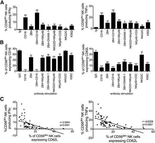 Figure 2. Down-regulation of CD16 and CD62L surface expression upon activating receptor cross-linking. (A-B) Purified NK cells (n = 7) were cross-linked with plates adsorbed with IgG or antibodies to CD16, 2B4, 2B4, and CD16, 2B4 and NKp46, 2B4 and DNAM-1, NKG2D and NKp46, NKp46 and CD2, or NKG2C. Purified NK cells were also stimulated with K562 cells. Intracellular IFN-γ (A, left panel), TNF-α production (A, right panel) and surface expression of CD16 (B, left panel), and CD62L (B, right panel) were measured after 5 hours. NE, not evaluable. Bars represent mean ± SEM. Cytokine production and percentage of CD16 and CD62L expression were compared with the isotype control using the paired t test. Statistical significance is indicated as: *P ≤ .05; **P < .01; ***P < .001. (C) The percentages of CD56dim NK cells producing IFN-γ (left panel) or TNF-α (right panel) after cross-linking with plate bound antibodies were plotted against the percentage of CD62L expression. Each point represents an individual result against 1 activating receptor. The estimated regression line is shown with the r value and significance based on the Pearson correlation coefficient. Significance is calculated as P < .05.