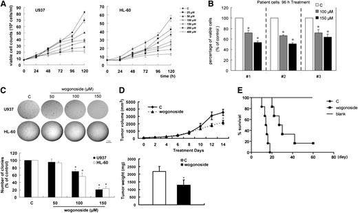 Figure 1. Antiproliferative effect of wogonoside in vitro and in vivo. (A) Cell growth was measured by trypan blue exclusion assay. The cell growth curve represents the effect of wogonoside at different concentrations for 5 days. (B) Primary AML cells were incubated with wogonoside (100 μM and 150 μM) for 96 hours. Viability was measured by trypan blue exclusion assay. Statistical analysis shows the percentage of viable cells relative to the controls for every patient (control cells = 100%). (C) Cells were cloned in soft agar and cultured for 21 days after wogonoside treatment of 4 days. Colonies >50 μm in diameter were counted. The images of the representative colonies shown were taken using an inverted microscope (Nikon Instruments Inc) equipped with a color camera (Nikon) at ×40 magnification (objective lenses ×4) at room temperature. Statistical analysis shows the percentage of cells that formed colonies relative to the controls (control cells = 100%). Data represent mean ± SEM from 3 independent experiments. Asterisks denote statistically significant (P < .05) differences compared with controls by one-way ANOVA. (D) Examination was performed on tumor volumes and tumor weights to evaluate the effect of wogonoside on the proliferation of U937 cells in a xenograft model. U937 cells in Matrigel (Becton Dickinson, Bedford, MA) were injected bilaterally subcutaneously into BALB/c nude mice, forming 2 tumors per mouse. When U937 cells formed palpable tumors (50-100 mm3), mice were randomized into 2 groups (n = 5 per group) and treatment was initiated. Mice were treated with solvent or wogonoside (80 mg/kg) by intraperitoneal injection every other day for 14 days total. Tumor volumes were measured on alternate days during the experimental period. Mice were euthanized after 14 days of treatment, and the tumors were excised and weighed. Results are representative of 3 independent experiments. Results represent the mean ± SEM of tumor weights. Statistical significance was determined by 2-tailed Student t tests. Asterisks denote significant (P < .05) differences relative to controls. (E) A Kaplan-Meier survival plot for AML-bearing NOD/SCID mice is shown. Mice were sublethally irradiated (2.4 Gy), and primary AML cells were injected into the tail vein 24 hours later (2-5 × 106 cells per mouse, 6 mice per group). Starting the next day, mice were injected intraperitoneally with or without wogonoside (80 mg/kg) every other day for 14 days. The blank animal group, without primary cells treated with solvent, was used to evaluate survival ability. The results are representative of 2 separate experiments. Animals were observed for 60 days after cell injection. The survival curves differed significantly between the wogonoside-treated group and the control group (P < .001; log-rank test). C, control.