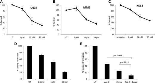 Figure 2. Antileukemic effects of cercosporamide. (A) U937 cells were incubated for 5 days in the presence or absence of the indicated doses of cercosporamide. Cell proliferation was assessed by an MTT assay. Data are expressed as means ± standard error (SE) of 5 independent experiments. (B) MM6 cells were incubated for 5 days in the presence or absence of the indicated doses of cercosporamide. Cell proliferation was assessed by an MTT assay. Data are expressed as means ± SE of 3 independent experiments. (C) K562 cells were incubated for 5 days in the presence or absence of the indicated doses of cercosporamide. Cell proliferation was assessed by an MTT assay. Data are expressed as means ± SE of 4 independent experiments. (D) U937 cells were plated in methylcellulose culture assay system with increasing concentrations of cercosporamide, as indicated. Data are expressed as percentage control of leukemic colonies for untreated cells and represent means ± SE of 5 experiments. (E) U937 cells were plated in methylcellulose culture assay system with cytarabine (1 ng/mL) and/or cercosporamide (10 µM), as indicated, and CFU-L leukemic colony formation was assessed. Data are expressed as a percentage control of CFU-L for untreated cells. Means ± SE of the values from 5 independent experiments are shown. Paired t test analysis for the combinations of cytarabine plus cercosporamide showed P = .011 compared with cercosporamide alone and P = .009 compared with cytarabine alone. UT, untreated.