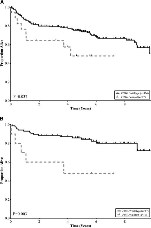 Figure 2. FOXO1 mutations correlate with reduced survival in DLBCL. (A) Kaplan-Meier curves of OS in a cohort of 193 de novo DLBCL patients uniformly treated with R-CHOP, comparing FOXO1 wild-type (solid black) vs FOXO1 mutant (dotted grey) subgroups. Patients with a mutation in FOXO1 had lower OS rates relative to patients without a mutation (log-rank, P = .037). (B) Kaplan-Meier curves of OS in a cohort of 97 low-risk R-IPI categories (very good and good; IPI scores 0-2) DLBCL patients uniformly treated with R-CHOP, comparing FOXO1 wild-type (solid black) vs FOXO1 mutant (dotted grey) subgroups. Patients with a mutation in FOXO1 had lower OS rates relative to patients without a mutation (log-rank, P = .003).