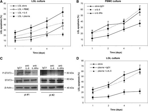 Figure 3. Evaluation of LGL apoptosis and P-STAT3 level in the presence of neutralizing antibodies against IL-6 and IL-6Rα. Apoptosis was measured after 1, 2, 4, and 7 days of culture in RPMI 0.5% FCS by Annexin V/PI. Staining with anti-CD57-FITC was used to identify leukemic LGLs from PBMCs. (A) Purified LGL apoptosis was analyzed in cells cultured alone or cells cultured with autologous PBMCs, IL-6, or autologous plasma 10%. (B) LGL apoptosis time course and (C) western blot analysis of P-STAT3 and STAT3 in PBMC at 4 hours of culture (2 representative patients) with control IgG1, anti-IL6, and anti-IL-6Rα antibodies. β-Actin served as a loading control. (D) LGL apoptosis in culture alone and with autologous plasma in the presence of an isotype control antibody, anti-IL6 antibody, and anti-IL-6Rα antibody. The apoptosis histograms show the mean results (± SE) from 4 individual experiments.