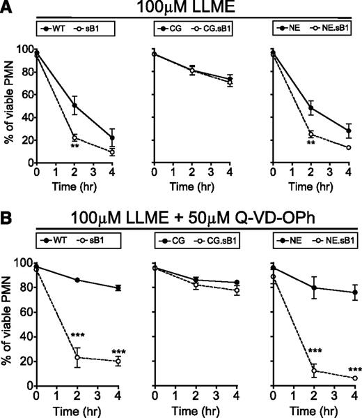 Figure 5. LMP induces CG-mediated death in PMNs. BM cells of indicated genotypes were incubated with (A) 100μM LLME only or (B) 100μM LLME and 50μM Q-VD-OPh. Percentage of surviving PMNs was determined by flow cytometry. Data are shown as mean ± SEM (N = 3-5) and was analyzed by 2-way ANOVA followed by the Bonferroni posttest (*P < .05, **P < .01, ***P < .001).