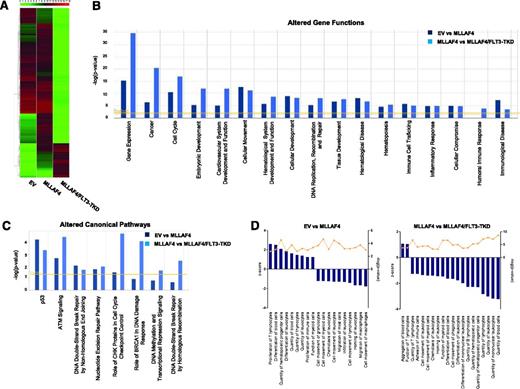 Figure 6. Gene expression profiling identifies gene functions and signaling pathways altered in MLL-AF4 and MLL-AF4/FLT3-TKD hESCs-derived CD45+ hematopoietic cells. (A) Heatmap diagram depicting the global gene expression profiling for EV-, MLL-AF4-, and MLL-AF4/FLT3-TKD hESC-CD45+ blood cells. The upper color bar codifies the gene expression in a log2 scale. Expression levels vary from highly expressed (red) to nonexpressed (green) genes. (B-D) After gene expression microarray analysis, the groups of genes differentially expressed (P value < .01; 2-fold regulation) in MLL-AF4 vs EV and MLL-AF4/FLT3-TKD vs MLL-AF4 hESC-CD45+ cells were compared, and the lists of gene functions and canonic pathways significantly altered were generated using the IPA software. IPA software–based data mining generated a list of significantly modulated gene functions (B) and canonic pathways (C) in MLL-AF4 vs EV hESC-CD45+ cells and MLL-AF4/FLT3-TKD vs MLL-AF4 hESC-CD45+ cells. (D) A more profound analysis was then performed for all of the genes classified by the IPA software as involved in hematopoietic system development and function/hematopoiesis. The IPA analysis–based z score is an estimation of the activation/inhibition status of a given category within an altered gene function.