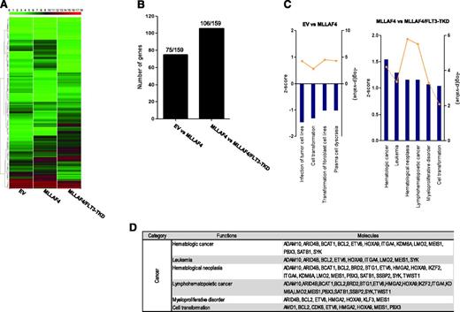 Figure 7. Comparative analysis of the MLL-AF4 target genes reported by Guenther et al19 in MLL-AF4 and MLL-AF4/FLT3-TKD hESC-derived CD45+ hematopoietic cells. (A) Heatmap diagram depicting the expression of the MLL-AF4 target genes reported by Guenther et al19 for EV-, MLL-AF4-, and MLL-AF4/FLT3-TKD hESC-CD45+ blood cells. The upper color bar codifies the gene expression in a log2 scale. Expression levels vary from highly expressed (red) to nonexpressed (green) genes. (B) Number of MLL-AF4 target genes (of the159 reported by Guenther et al19) found differentially expressed in MLL-AF4 vs EV hESC-CD45+ cells and MLL-AF4/FLT3-TKD vs MLL-AF4 hESC-CD45+. (C) The MLL-AF4 target genes reported by Guenther et al19 differentially expressed in MLL-AF4 vs EV hESC-CD45+ cells (left panel) and MLL-AF4/FLT3-TKD vs MLL-AF4 hESC-CD45+ (right panel) were classified by IPA software. The z score is an estimation of the activation/inhibition status of a given category within an altered gene function. (D) List of MLL-AF4 target genes differentially expressed between MLL-AF4/FLT3-TKD and MLL-AF4 hESC-CD45+ cells.