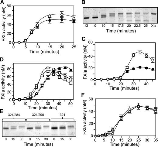 Figure 6. fXI autoactivation. (A) Plasma fXI (120 nM subunits) was incubated with 1 μg/mL DS (●) or 4 μM poly-P (○). At various times, fXIa generation was determined by chromogenic substrate assay. (B) Plasma fXI (120 nM subunits) was incubated with 1 μg/mL DS. Samples were collected into nonreducing sample buffer at the indicated time points and size fractionated on 6% polyacrylamide gels, then stained with GelCode Blue. (C) 120 nM subunits of plasma fXI (○) or 1/2-fXIai (●) were incubated with 1 μg/mL DS. At various times, fXIa generation was determined by chromogenic substrate assay. The fXI preparations in this panel were treated with DIP to inactivate contaminating fXIa, accounting for the longer lag phase compared with progress curves in panel A. (D) fXIWT (○), fXIC321S (●), fXIC321S,L284A (□), or fXIC321S,I290A (△), all 120 nM subunits, was incubated with 1 μg/mL DS. At various times, fXIa generation was determined by chromogenic substrate assay. (E) fXIC321S,L284A (321/284), fXIC321S,I290A (321/290), or fXIC321S (321), 120 nM subunits, was incubated with 1 μg/mL DS. Samples were collected into nonreducing sample buffer at the indicated time points and size fractionated on 7.5% polyacrylamide gels, then stained with GelCode Blue. (F) fXIWT (○), fXIC321S,L284A (□), or fXIC321S,I290A (△), each at a concentration of 120 nM subunits, was incubated with 4 μM poly-P. At various times, fXIa generation was determined. For all panels, error bars represent 1 standard deviation.
