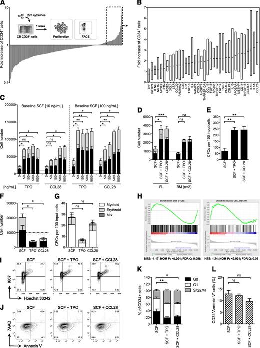 Figure 1. A high-content growth factor screen in human CB progenitors identifies CCL28 as potent stimulator of HSPC proliferation. (A) Outcome of the primary screen. Proliferation of cells cultured in S10 was set to 1 and relative fold increase of CD34+ cells was determined after 7 days of culture. The mean values from 2 screens are shown. The experimental design of the primary screen is shown as an overlay. (B) Outcome of the validation. Plotted are screening and validation results from 36 selected candidate factors (n = 4). Shown are floating bars from the minimum to the maximum, the line indicates the mean. (C) CB CD34+ cells were cultured in S10 or S100 together, with increasing concentrations of TPO or CCL28, and analyzed for proliferation and CD34 expression by FACS at day 7 (n = 3-4). After titration, CCL28 was used at 500 ng/mL. (D) FL- and BM-derived CD34+ cells were cultured in S10 and analyzed for proliferation and CD34 expression by FACS at day 7 (n = 2-3). Error bars represent SD. (E) Numbers of total CFCs per an equivalent of 100 input CB CD34+ cells at day 0 (n = 3). (F-G) Proliferation (F; n = 7) and CFC (G; n = 5) potential of CB progenitors cultured in single cytokine stimulation for 7 days. (H) Gene set enrichment analysis results for cell cycle and cell death signatures in SCF vs SCF + CCL28 conditions. NES, normalized enrichment score; NOM P, nominal P value; FDR, false discovery rate. (I-J) Representative cell cycle (I) and apoptosis (J) FACS plots of CD34+-gated cells. (K-L) Quantification of cell cycle (K) and apoptosis (L) data (n = 5). The dashed lines in figures (C), (D), and (F) indicate input cell numbers; black and gray bars represent CD34+ and CD34– cells, respectively. *P < .05; **P < .01; ***P < .01; ns, not significant; na, not applicable.