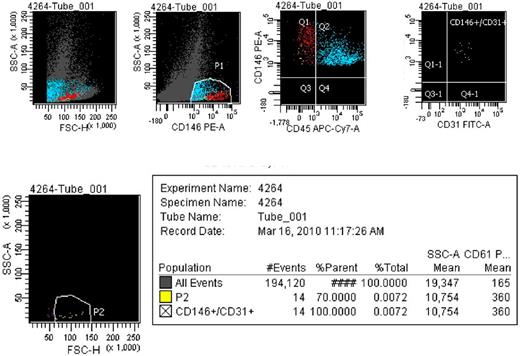 Figure 2. Sorting strategy for the isolation of CD34+CD146+CD31+CD45− cells from spleen-derived MNCs. Splenic MNCs were first enriched in CD34+ cells by immunomagnetic selection, followed by staining with anti-CD146, anti-CD31, and anti-CD45 mAbs, and then sorted according to CD34, CD31, and CD146 positive and CD45 negative expression. Contaminating platelets were excluded by size gating.