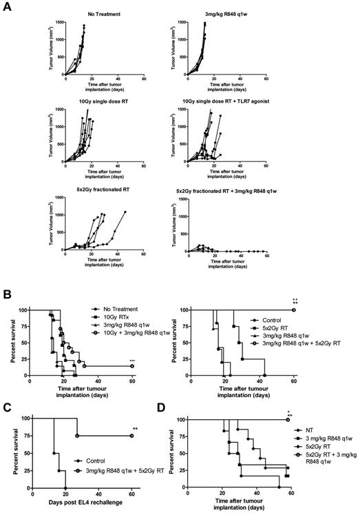 Figure 5. Combination of R848 dosed weekly with an RT regimen composed of 5 fractions of 2 Gy leads to complete eradication of EL4 and A20 tumors. EL4 tumor growth (A) and survival curves (B) after combination therapy with R848 dosed weekly and either a single 10-Gy dose or 5 fractions of 2 Gy local RT. (C) At > 60 days after initial tumor inoculation, a cohort of long-term surviving mice originally treated with 5 fractions of 2 Gy and R848 dosed weekly were rechallenged contralaterally with EL4 cells. (D) Survival curve of mice bearing established A20 tumors after combination therapy with R848 dosed weekly and 5 fractions of 2 Gy local RT. Experimental groups contained at least 5 mice and are representative of at least 2 independent experiments. *P < .05, compared with control mice (log-rank; Mantel-Cox test). +P < .05, compared with control mice (log-rank; Mantel-Cox test). **P < .01, compared with monotherapy (log-rank; Mantel-Cox test). ++P < .01, compared with monotherapy (log-rank; Mantel-Cox test). ***P < .001, compared with monotherapy (log-rank; Mantel-Cox test).
