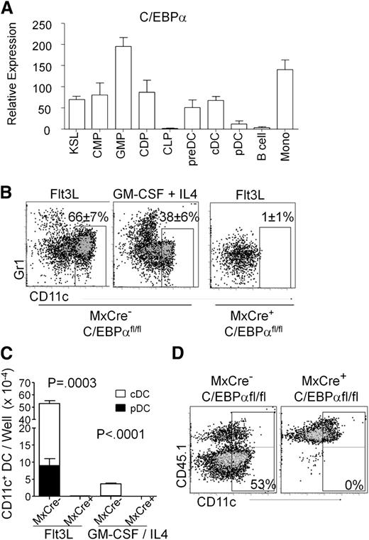 Figure 1. Expression of C/EBPα in DC and DC progenitors. (A) Relative quantitative RT-PCR of RNA from sorted KSL (cKitHi, Sca1+, Lin–), CMP (Lin–, Sca1–, cKitHi, CD34+, FcγRII/III–/lo), GMP (Lin–, Sca1–, cKitHi, CD34+, FcγRII/IIIhi), CDP (Lin–, cKitlo, Flt3+, CD115+, CD11c–), preDC (Lin–, B220–/lo, CD11c+, MHCII–, CD11b/Mac1–), cDC (CD19–, CD3–, NK–, B220–, CD11c+, MHCII+), pDC (CD19–, CD3–, NK–, B220+, CD11clo/+, PDCA-1+), B (CD19+, B220+ splenic B cells), and monocytes (CD19–, CD11b/Mac1+, Gr-1+ peritoneal monocytes) to assess expression of C/EBPα. Values are presented relative to that of β2-microglobulin RNA. Data are averages of 4 independent experiments (error bars represent SD). (B) DC loss after deletion of C/EBPα. 106 lysed, WBM cells from poly(IC)-injected MxCre– C/EBPαfl/fl or MxCre+ C/EBPαfl/fl mice were cultured in Flt3L-supplemented media. After 8 days, viable cells were assessed for relative expression of CD11c and Gr1 using flow cytometry. These representative plots show the impact of C/EBPα deletion on the presence of DC (CD11c+). The Gr-1+ myeloid cells can also be seen in these plots. GM-CSF and IL4 cultures with MxCre+ C/EBPαfl/fl WBM cells resulted in no viable cells after 9 days of culture (FACS plot not shown). (C) Shown are the numbers of total live CD11c+ DCs present in the FL or GM-CSF/IL4 cultures for pDC (black, B220+) and cDC (white) from (B). The numbers were generated by hemocytometer counts combined with flow cytometry analysis. These numbers of DCs represent mean ± SD from these 4 experiments where MxCre– and MxCre+ correspond to MxCre– C/EBPαfl/fl and MxCre+ C/EBPαfl/fl cells, respectively. (D) Flow cytometric analysis showing CD45.2+ Mx1-Cre+ C/EBPαfl/fl or C/EBPαfl/fl. WBM cells were cultured together with equal numbers of CD45.1+ BM cells and Flt3L (200 ng/mL) for 8 days. Similarly, cultured cells were stained for cell surface markers CD45.1, CD45.2, CD11c, and MHCII followed by flow cytometry and cell counts. DCs derived from WBM were identified as CD45.2+ CD11c+ Gr1–. The data shown are representative dot plots from 4 experiments with similar results.