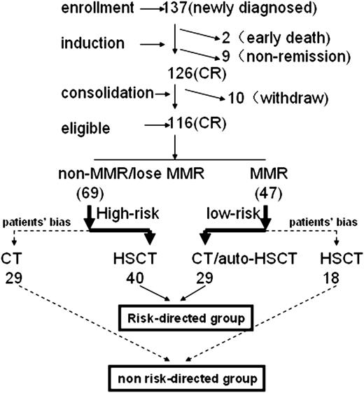 Figure 2. Trial design and patient accrual flowchart. Eighty-two and 34 patients achieved CR after 1 and 2 induction cycles. Sixty-three of 116 patients received anthracycline during consolidation cycles 1 and 2, including 45 mg/m2 daunorubicin or 8 mg/m2 mitoxantrone for 3 days. CT, chemotherapy.