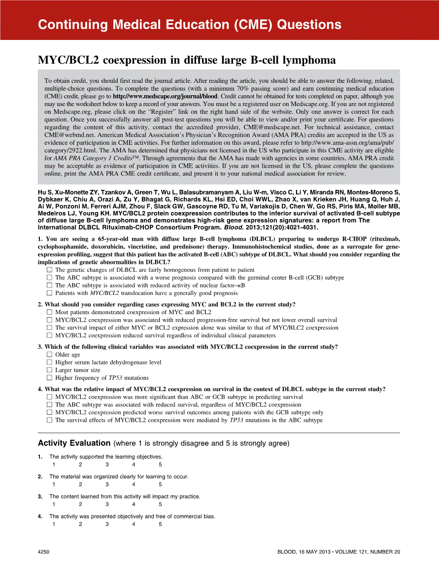 First page of Continuing Medical Education (CME) questions: MYC/BCL2 coexpression in diffuse large B-cell lymphoma