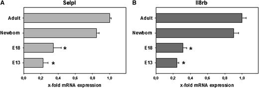 Figure 6. Quantitative real-time reverse transcription-PCR of adhesion relevant genes. Differential expression of (A) Selpl encoding for PSGL-1 and (B) Il8rb encoding for CXCR2 in neutrophils obtained from E13 fetuses, E18 fetuses, newborn mice, and adult mice. Real-time PCR was performed using neutrophil cDNA reversely transcribed from mRNA with the help of primers specific for adhesion relevant genes as indicated. Gyc and B2M (housekeeping genes) were used to create ΔCT values of adhesion relevant genes tested. Gene expression in adult mice is set to 1 (2−ΔΔCT method), and x-fold expression is shown for all other time points. Values represent mean ± standard error of the mean from ≥3 independent experiments per group. Significant differences to adult values are indicated by the asterisk.
