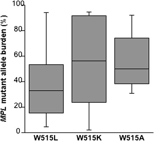 Figure 2. Granulocyte MPL-mutant allele burden according to mutation type in patients with myeloproliferative neoplasms. Data are shown in a box plot depicting the lower and upper adjacent values (lowest and highest horizontal line, respectively) and lower and upper quartile with median value (box). The median allele burden was 32.9% in the MPL (W515L) group (39 patients), 56.2% in the MPL (W515K) group (11 patients), and 49.9% in the MPL (W515A) group (7 patients), with no significant difference between subgroups (W515L vs W515K P = .186; W515L vs W515A P = .079; and W515K vs W515A P = .821). When restricting the analysis to patients with ET, we found a significant difference among the 3 subgroups (P = .014). The median allele burden was 18.2% in the MPL (W515L) group (22 patients), 41.3% in the MPL (W515K) group (7 patients), and 51.1% in the MPL (W515A) group (6 patients) (W515L vs W515K P = .103; W515L vs W515A P = .0051; W515K vs W515A P = .568).