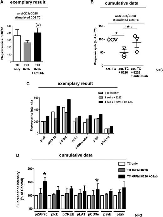 Figure 6. Impact of CEACAM-6 on TCR signaling. (A) Polyclonally activated CD8+ T cells show reduced secretion of IFN-γ in response upon coculture with CEACAM-6–positive RPMI8226 myeloma cells assessed by IFN-γ Elispot assay of 1 representative of 3 MM patients. Mean ± SEM numbers of IFN-γ spots are shown for test wells containing only activated T cells (white bar), activated T cells in coculture with RPMI8226 myeloma cells (gray bar), or activated T cells in coculture with RPMI8226 myeloma cells on which CEACAM-6 was blocked before by CEACAM-6–specific mAbs (black bar). Cumulative data from all 3 tested patients are shown as % of IFN-γ secretion relative to corresponding wells containing TC only in (B). Each patient is represented by a different symbol. *P < .05 or (*)P < .1, statistically significant differences between test and respective control groups as calculated by 1-sided Student t test. (C) TCR signaling is reduced by CEACAM-6 on myeloma cells. The amount of different phosphorylated TCR-associated signaling molecules was assessed on CD8+ T cells from MM patients either cultured alone directly after ex vivo isolation (white bars) or after 5 minutes of coculture with untreated RPMI8226 myeloma cells (gray bars) or with RPMI8226 myeloma cells on which CEACAM-6 had been blocked by anti–CEACAM-6 mAb (black bars). Quantification of protein phosphorylation was conducted with phosphoprotein-specific antibodies by Luminex technology using 1 replicate per test group. One representative experiment of 3 is shown. Cumulative data from 3 tested patients are shown in (D) as % of fluorescence intensity relative to corresponding wells containing activated TC only. Mean ± SEM values from 3 independent experiments with different myeloma patients are shown. *Significant difference (P < .05) between TC treated with myeloma cells and T-cells treated with CEACAM-6 blocked myeloma cells (2-sided Student t test).